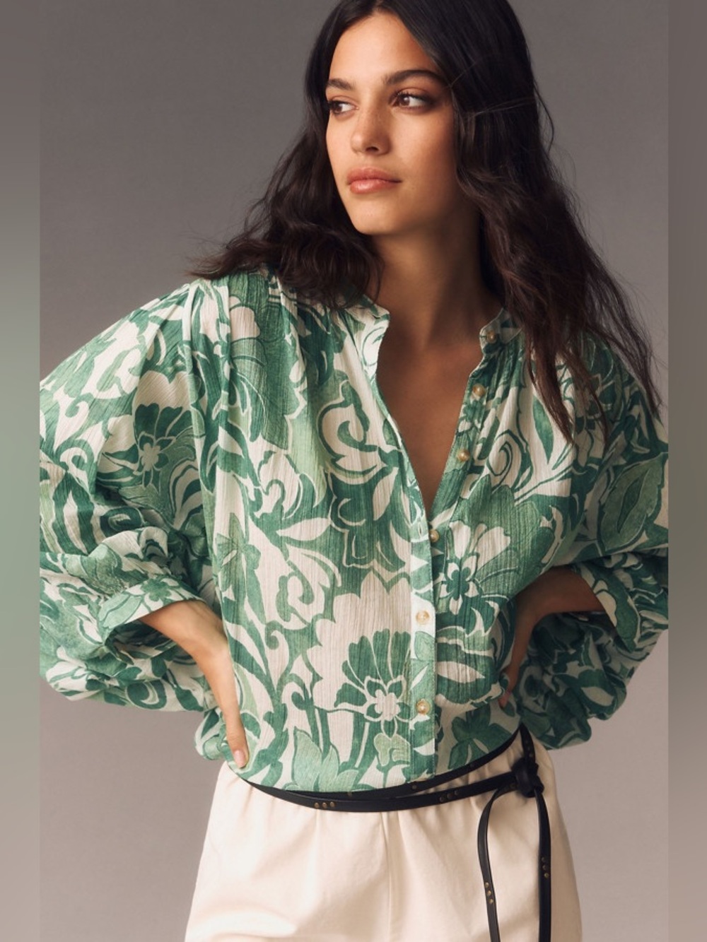Anthropologie Green and White Floral Button-Up Blouse